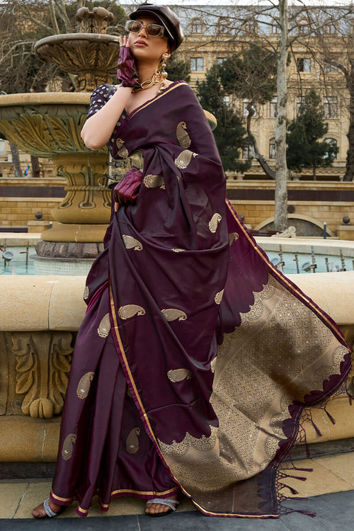 Load image into Gallery viewer, Beautiful Wine Banarasi Satin Silk Saree With Desiring Blouse
