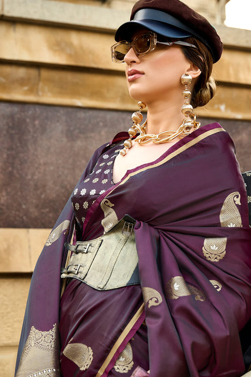 Load image into Gallery viewer, Beautiful Wine Banarasi Satin Silk Saree With Desiring Blouse
