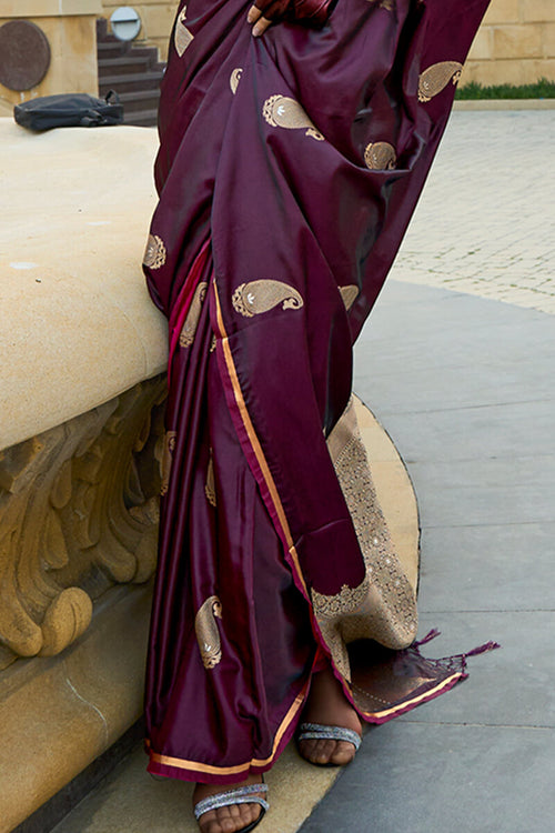 Load image into Gallery viewer, Beautiful Wine Banarasi Satin Silk Saree With Desiring Blouse
