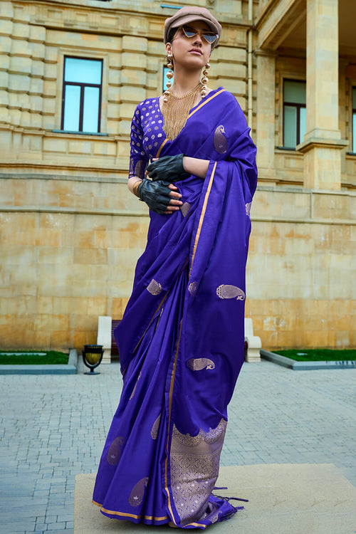 Load image into Gallery viewer, Smart Royal Blue Banarasi Satin Silk Saree With Glorious Blouse
