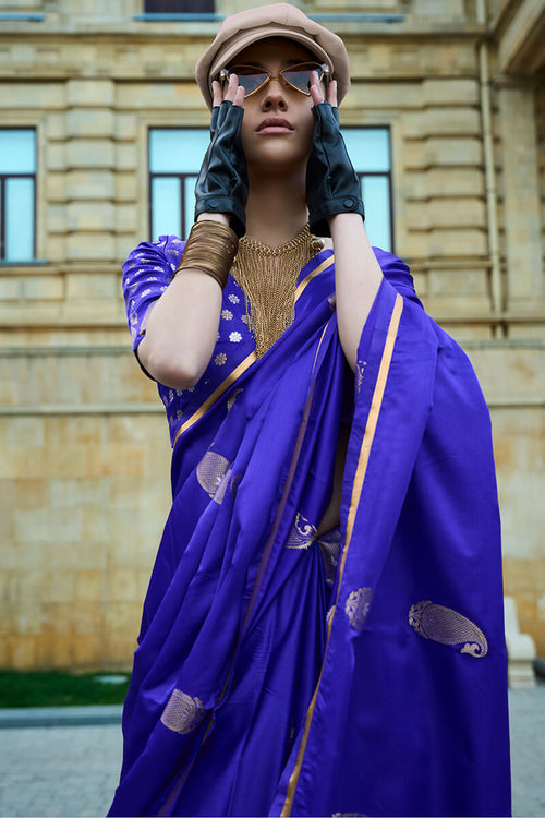 Load image into Gallery viewer, Smart Royal Blue Banarasi Satin Silk Saree With Glorious Blouse
