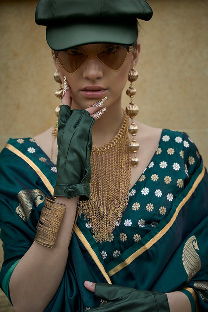 Entrancing Dark Green Banarasi Satin Silk Saree With Effervescent Blouse