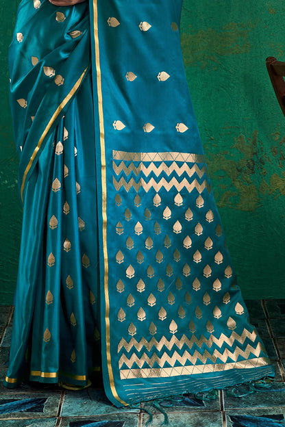 Glowing Rama Banarasi Satin Silk Saree With Prodigal Blouse