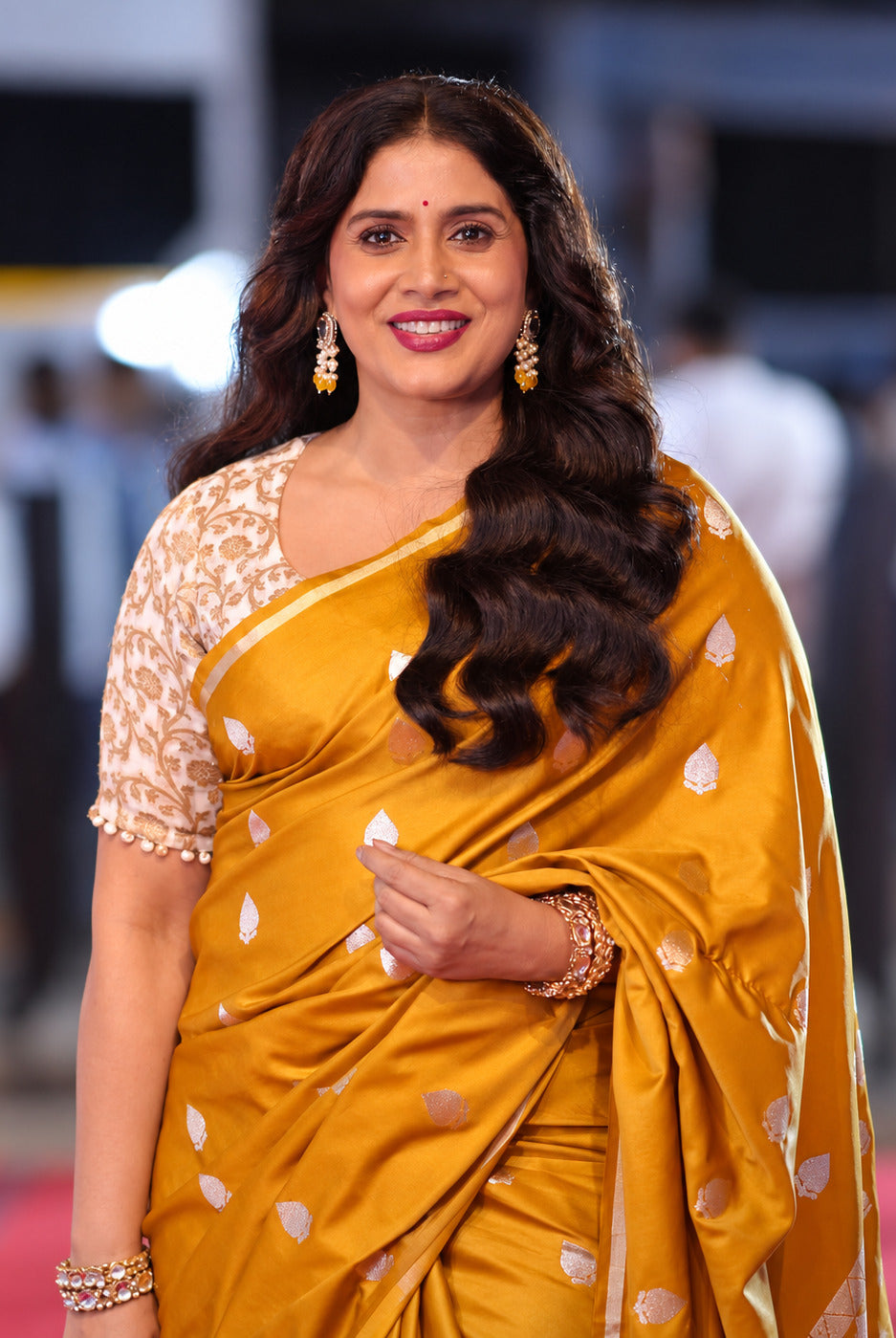 Sonali Kulkarni in Mustard Banarasi Satin Silk Saree