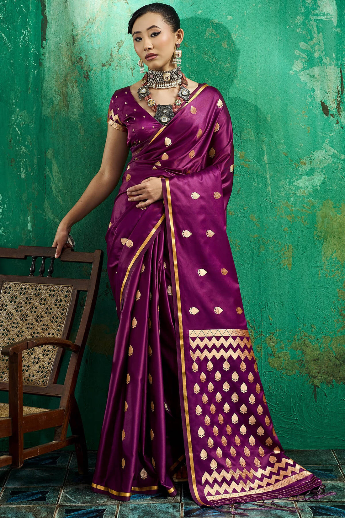 Entrancing Wine Banarasi Satin Silk Saree With Fancifull Blouse
