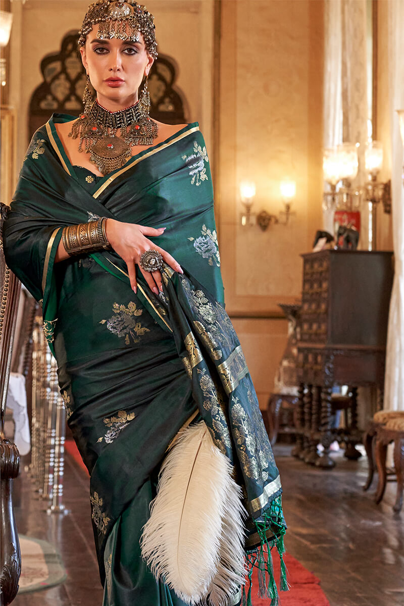 Arresting Dark Green Banarasi Satin Silk Saree With Desiring Blouse