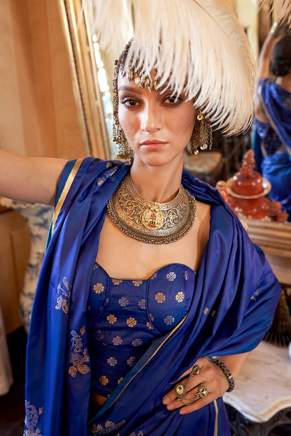 Charming Royal Blue Banarasi Satin Silk Saree With Adorning Blouse