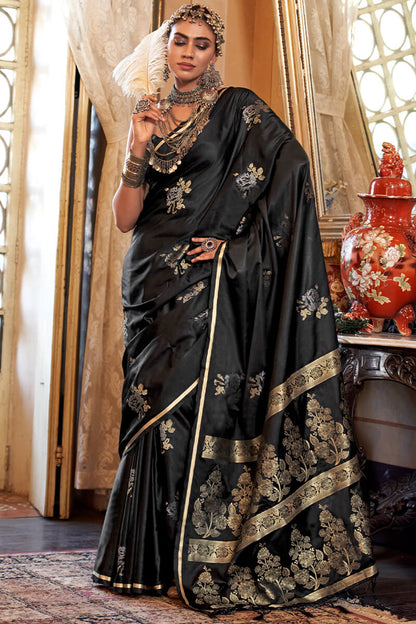 Impressive Black Banarasi Satin Silk Saree With Hypnotic Blouse
