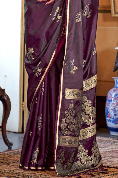 Glorious Wine Banarasi Satin Silk Saree With Pleasant Blouse