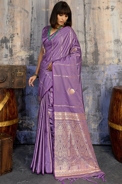 Elision Lavender Banarasi Satin Silk Saree With Ornate Blouse