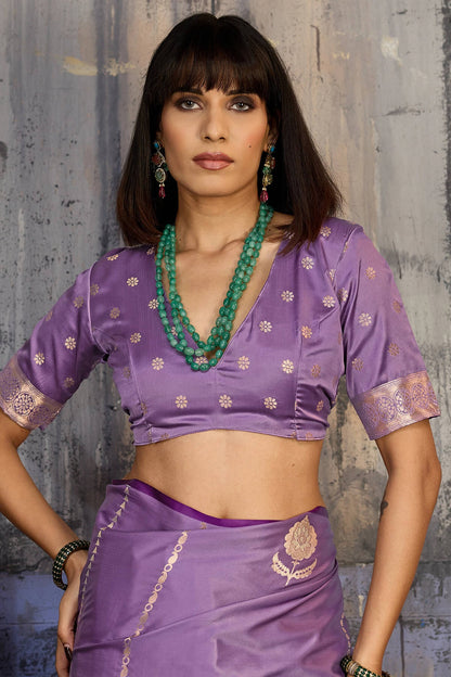 Elision Lavender Banarasi Satin Silk Saree With Ornate Blouse