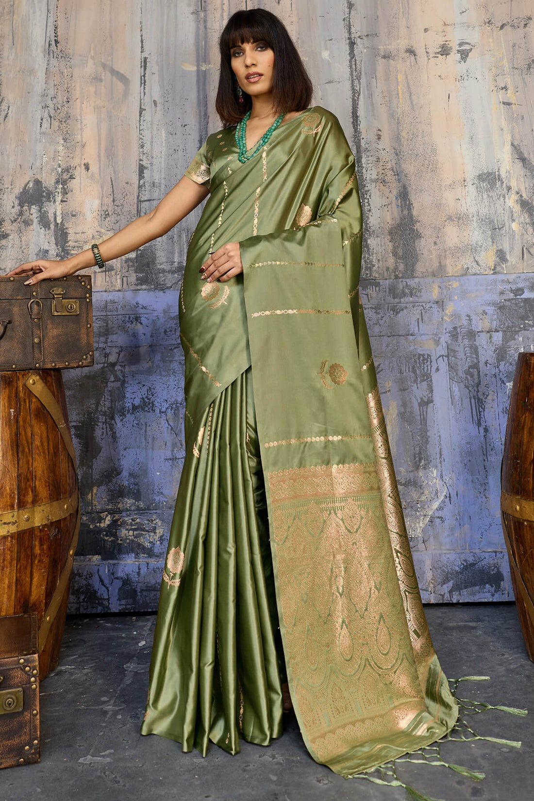 Groovy Green Banarasi Satin Silk Saree With Pleasant Blouse