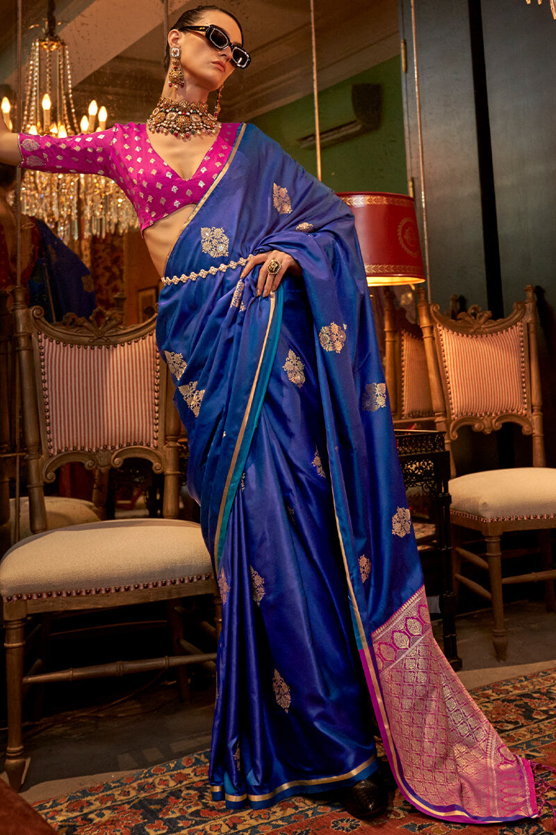 Surpassing Blue Banarasi Satin Silk Saree With Adorning Blouse