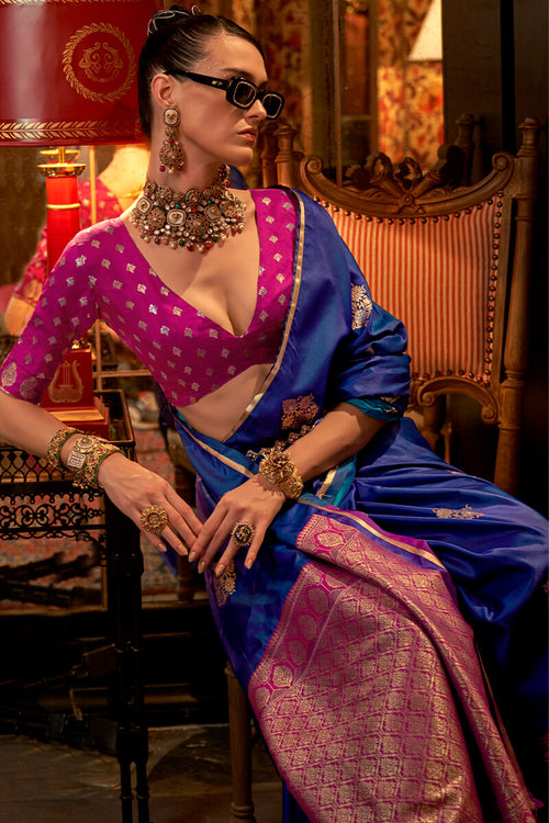 Load image into Gallery viewer, Surpassing Blue Banarasi Satin Silk Saree With Adorning Blouse
