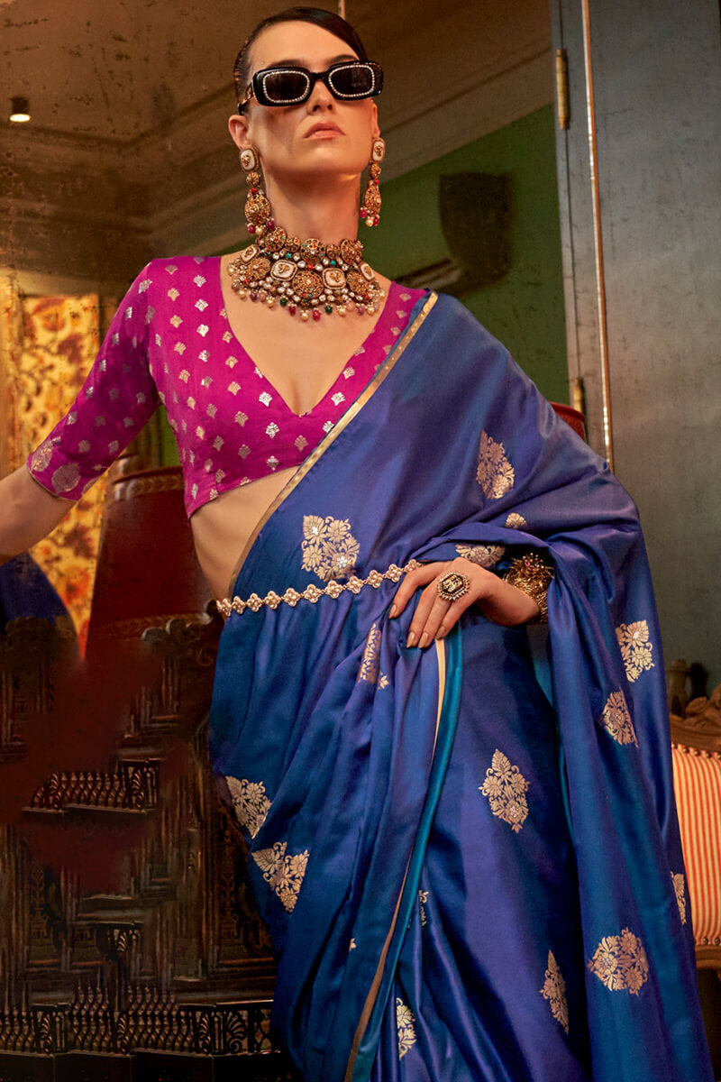 Surpassing Blue Banarasi Satin Silk Saree With Adorning Blouse