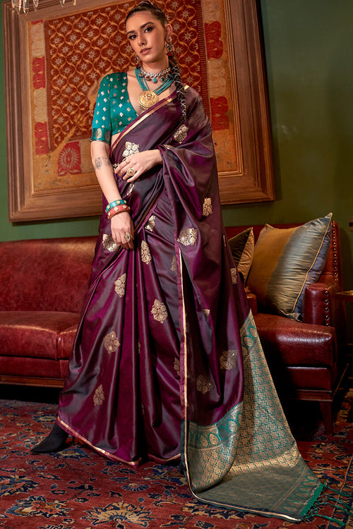 Load image into Gallery viewer, Precious Wine Banarasi Satin Silk Saree With Amazing Blouse
