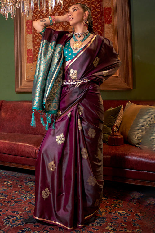 Load image into Gallery viewer, Precious Wine Banarasi Satin Silk Saree With Amazing Blouse
