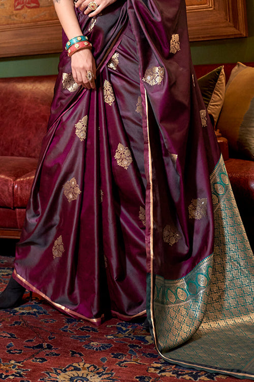 Load image into Gallery viewer, Precious Wine Banarasi Satin Silk Saree With Amazing Blouse
