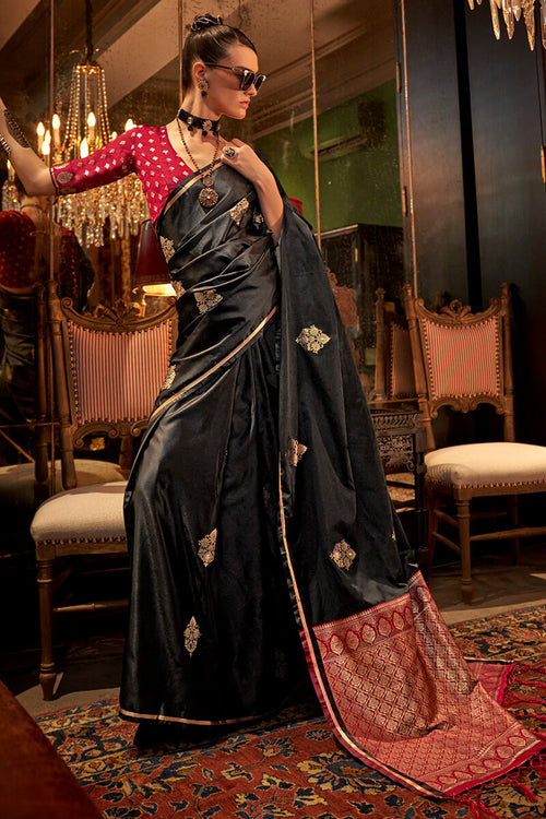 Load image into Gallery viewer, Beleaguer Black Banarasi Satin Silk Saree With Fugacious Blouse
