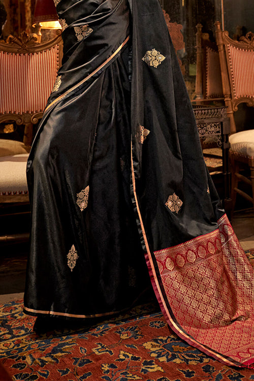 Load image into Gallery viewer, Beleaguer Black Banarasi Satin Silk Saree With Fugacious Blouse
