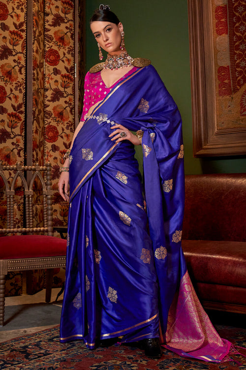 Load image into Gallery viewer, Pleasurable Royal Blue Banarasi Satin Silk Saree With Fragrant Blouse
