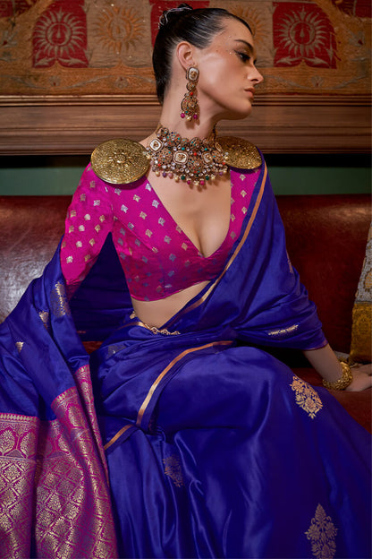 Pleasurable Royal Blue Banarasi Satin Silk Saree With Fragrant Blouse