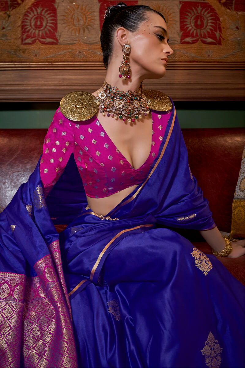 Pleasurable Royal Blue Banarasi Satin Silk Saree With Fragrant Blouse