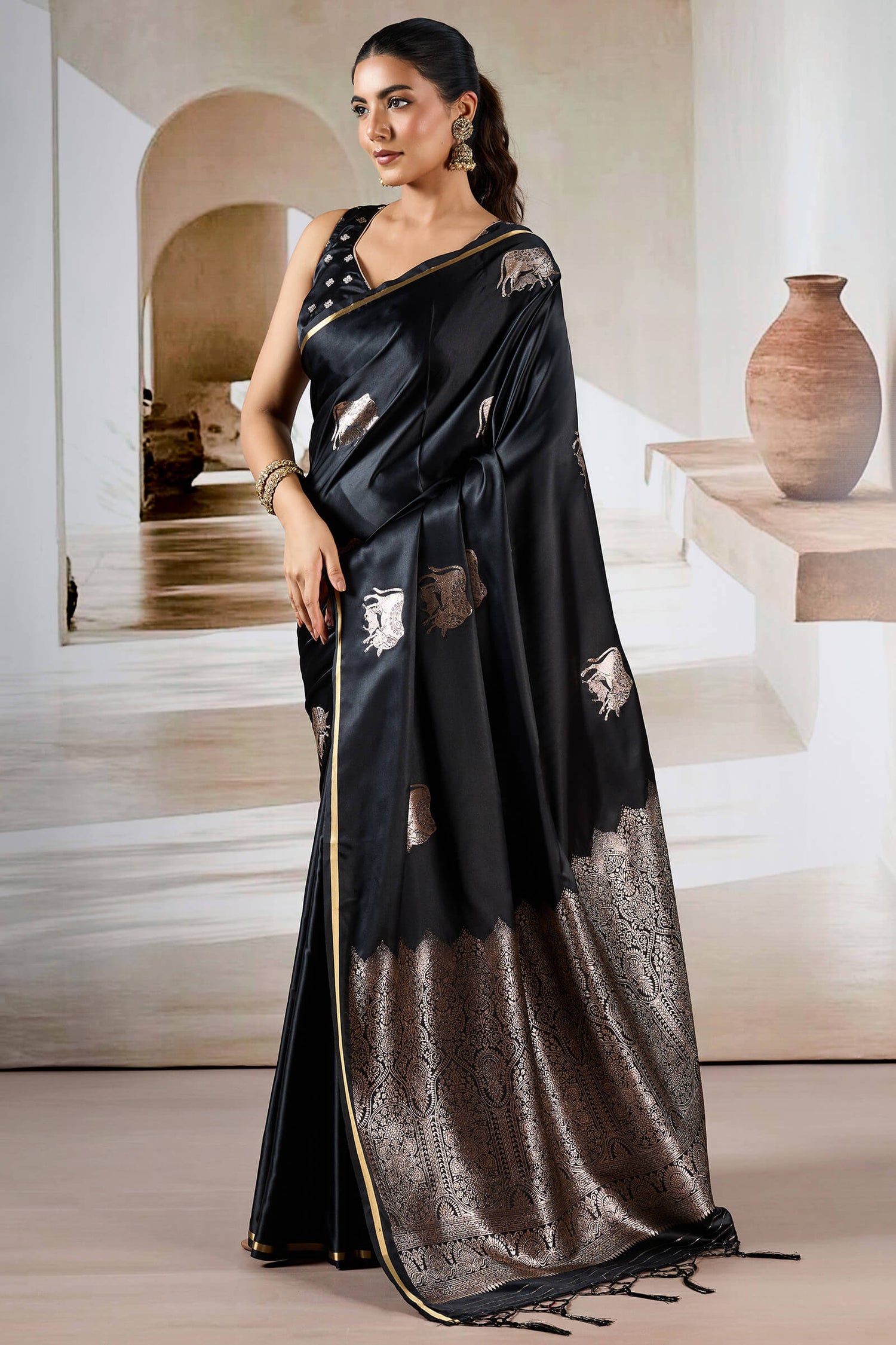 Enthralling Black Banarasi Satin Silk Saree With Demesne Blouse