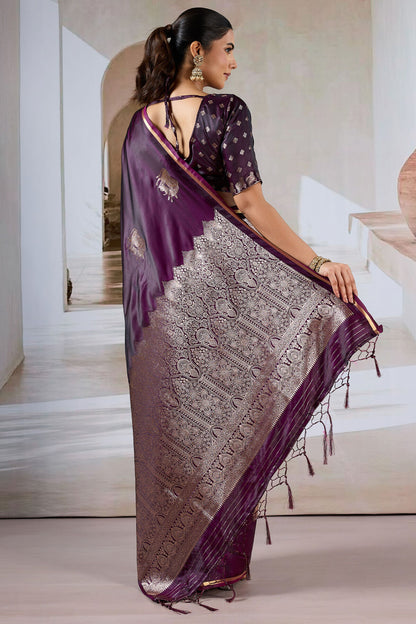Dazzling Wine Banarasi Satin Silk Saree With Fairytale Blouse