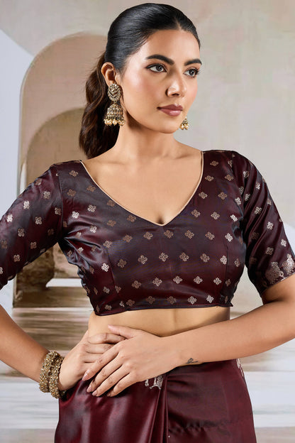 Exuberant Brown Banarasi Satin Silk Saree With Glittering Blouse