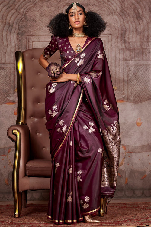 Load image into Gallery viewer, Alluring Wine Banarasi Satin Silk Saree With Skinny Blouse
