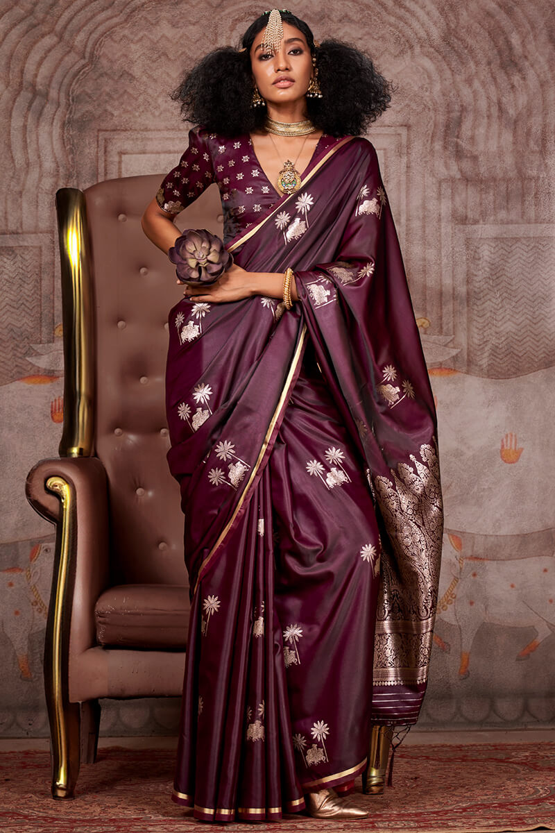 Alluring Wine Banarasi Satin Silk Saree With Skinny Blouse