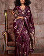 Alluring Wine Banarasi Satin Silk Saree With Skinny Blouse