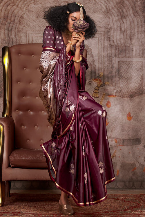 Load image into Gallery viewer, Alluring Wine Banarasi Satin Silk Saree With Skinny Blouse
