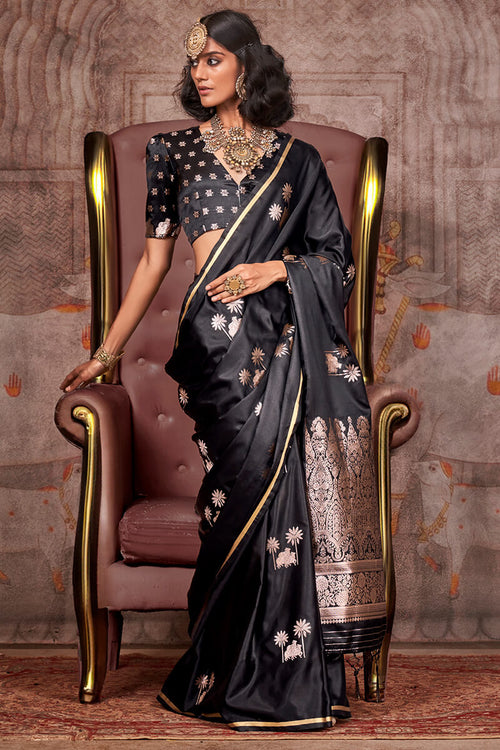 Load image into Gallery viewer, Phenomenal Black Banarasi Satin Silk Saree With Girlish Blouse
