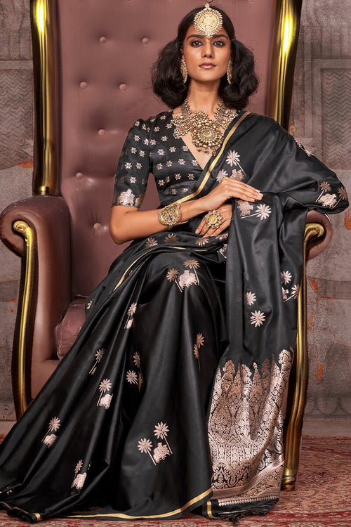 Load image into Gallery viewer, Phenomenal Black Banarasi Satin Silk Saree With Girlish Blouse
