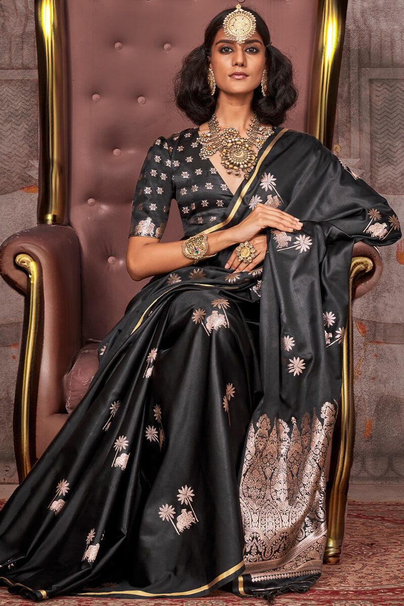 Phenomenal Black Banarasi Satin Silk Saree With Girlish Blouse