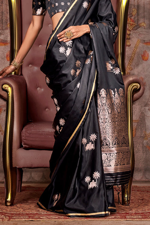 Load image into Gallery viewer, Phenomenal Black Banarasi Satin Silk Saree With Girlish Blouse
