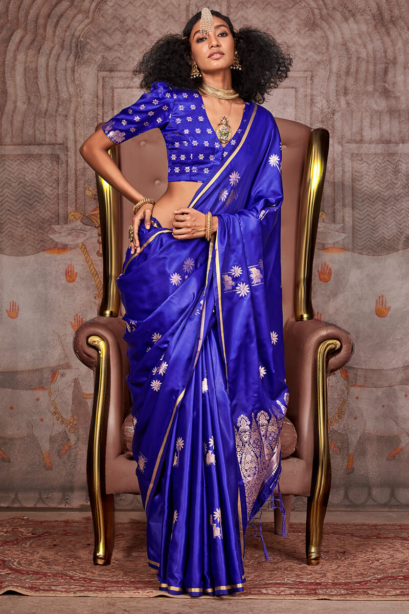 Smart Royal Blue Banarasi Satin Silk Saree With Captivating Blouse