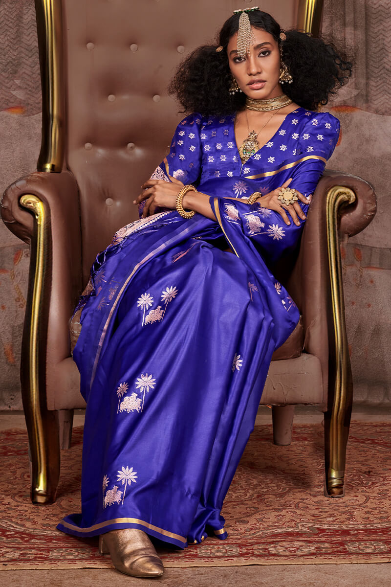 Smart Royal Blue Banarasi Satin Silk Saree With Captivating Blouse