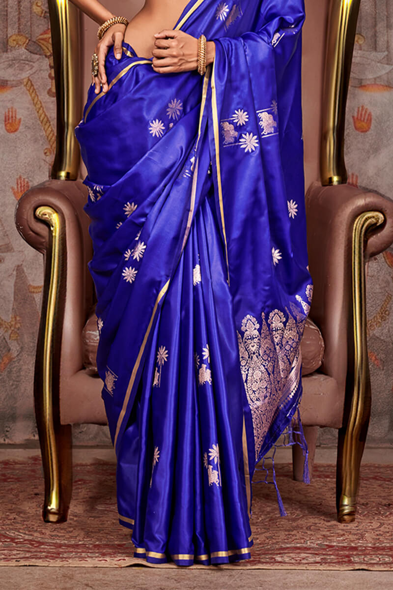 Smart Royal Blue Banarasi Satin Silk Saree With Captivating Blouse