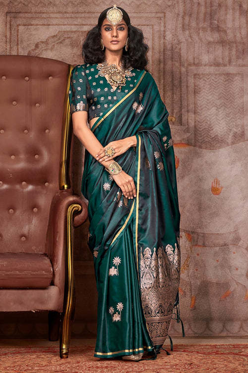 Load image into Gallery viewer, Fairytale Dark Green Banarasi Satin Silk Saree With Angelic Blouse
