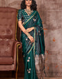 Fairytale Dark Green Banarasi Satin Silk Saree With Angelic Blouse