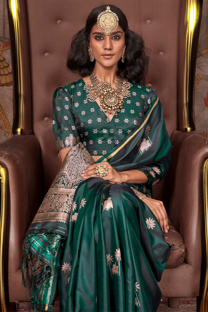 Fairytale Dark Green Banarasi Satin Silk Saree With Angelic Blouse