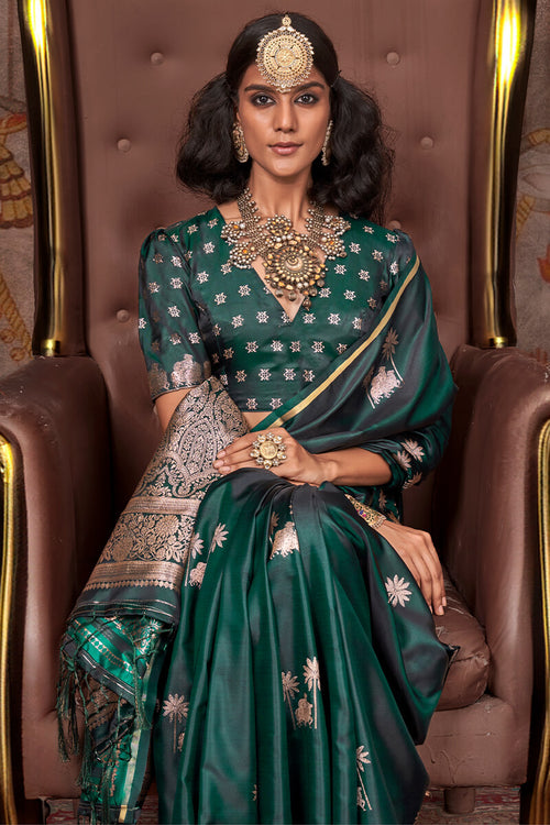 Load image into Gallery viewer, Fairytale Dark Green Banarasi Satin Silk Saree With Angelic Blouse
