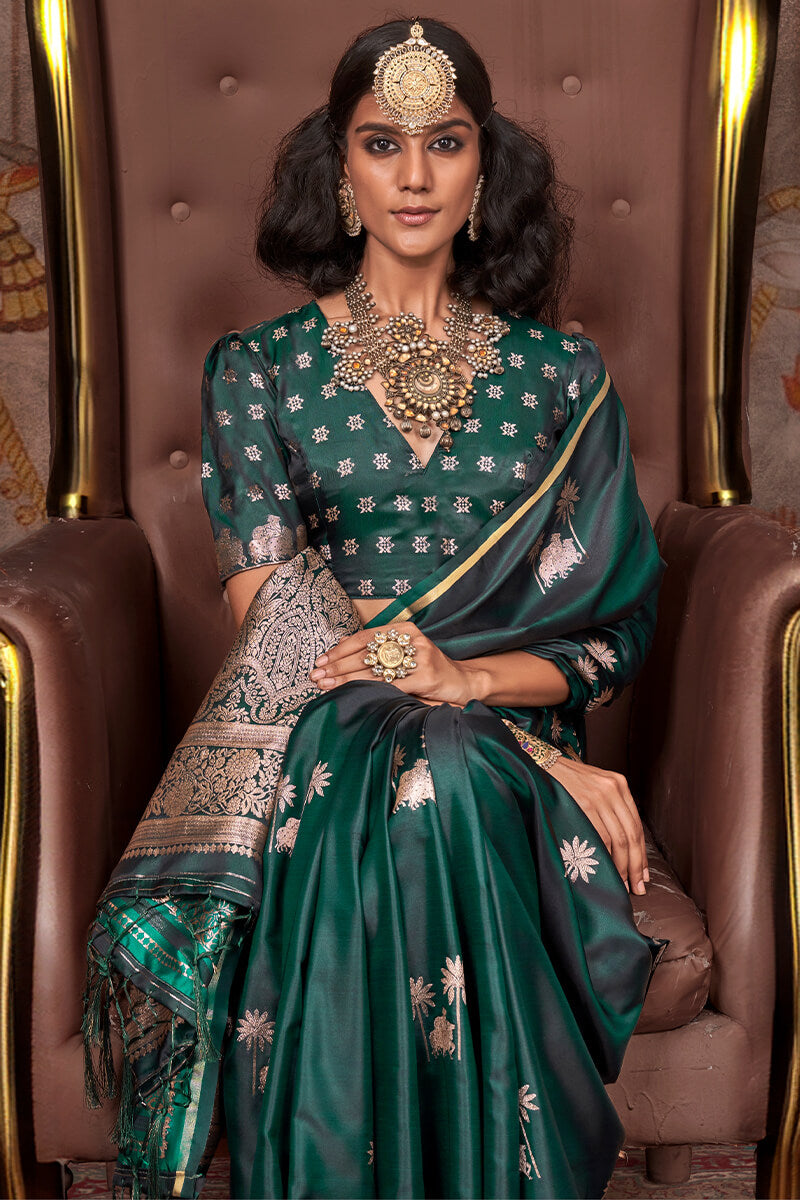 Fairytale Dark Green Banarasi Satin Silk Saree With Angelic Blouse