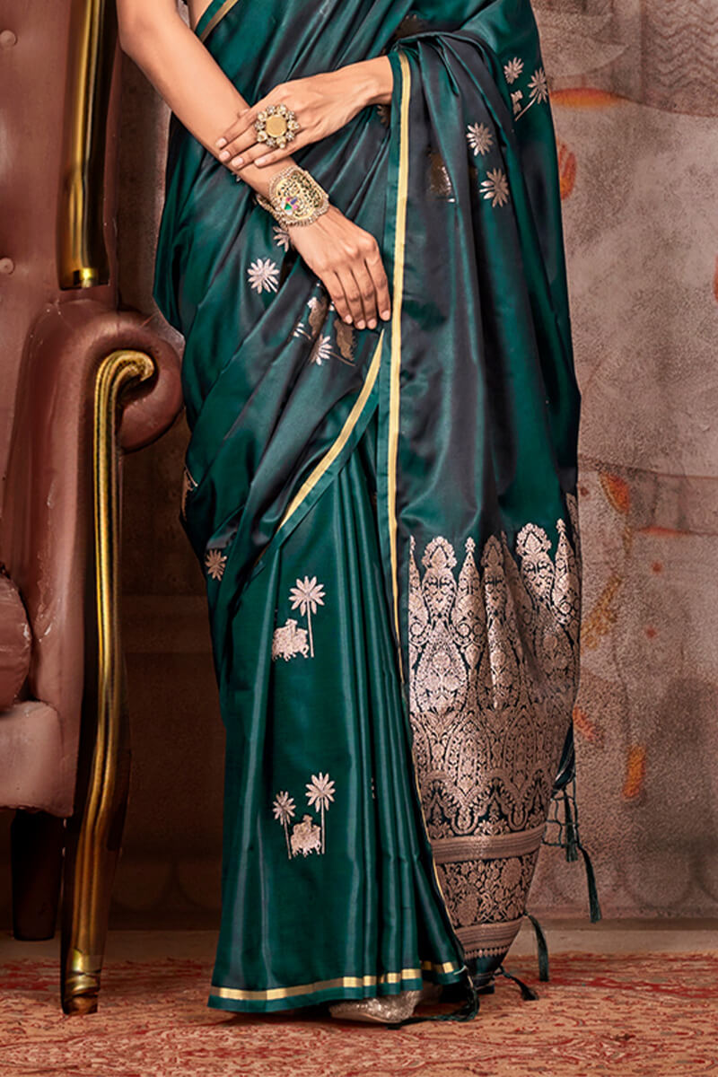 Fairytale Dark Green Banarasi Satin Silk Saree With Angelic Blouse