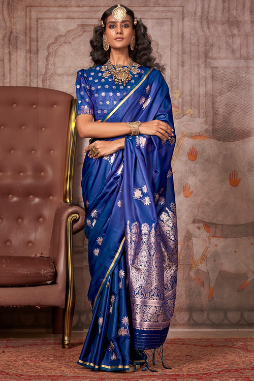 Load image into Gallery viewer, Desuetude Navy Blue Banarasi Satin Silk Saree With Fugacious Blouse
