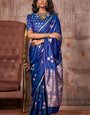 Desuetude Navy Blue Banarasi Satin Silk Saree With Fugacious Blouse