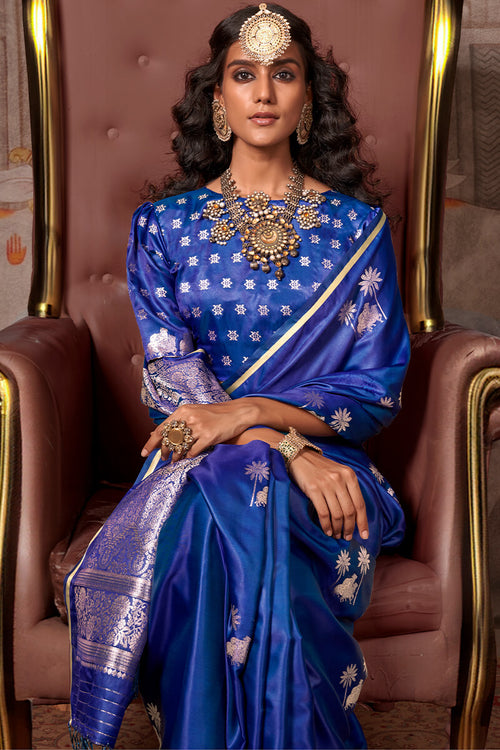 Load image into Gallery viewer, Desuetude Navy Blue Banarasi Satin Silk Saree With Fugacious Blouse
